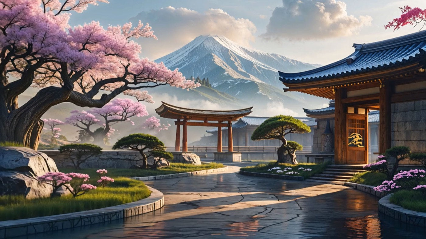 Zen Quest screenshot: misty temple grounds at dawn