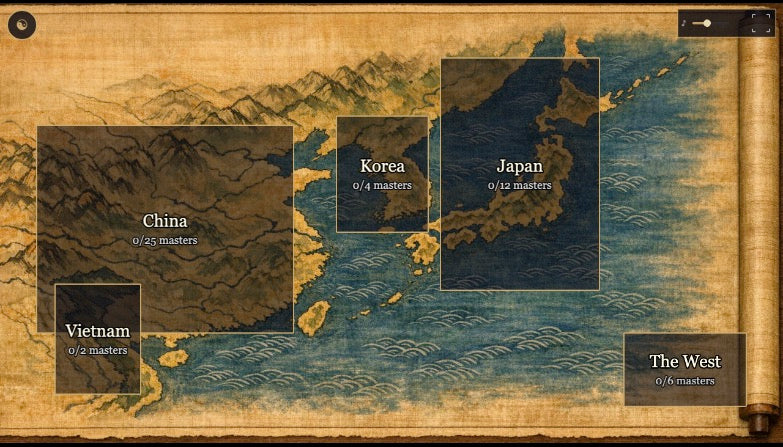Actual 49 Zen Masters game screen: the ancient scroll world map with China, Japan, Korea, Vietnam, and The West, each showing how many masters you have completed