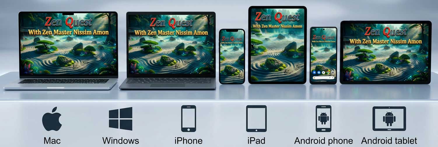 Zen Quest running in a browser window across desktop, laptop, and tablet devices