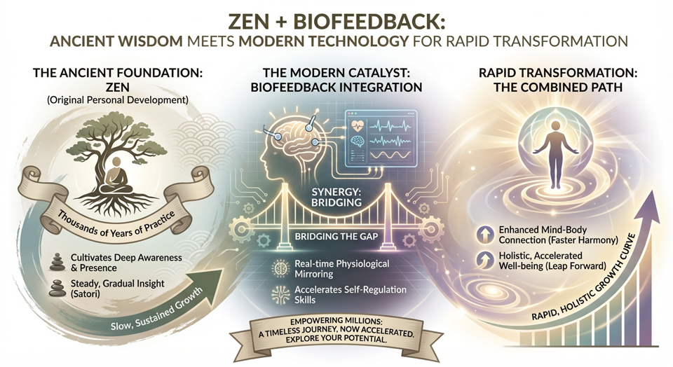 Infographic showing how the XEN ear-clip sensor connects by USB to a computer and feeds live heart data into the Zen Quest game